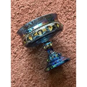 Vintage Carnival Glass Kings Crown Iridescent Blue Thumbprint Pedestal Compote